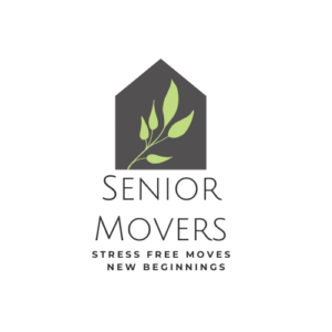 Black home with green leaf branch and name Senior Movers