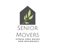 Black home with green leaf branch and name Senior Movers