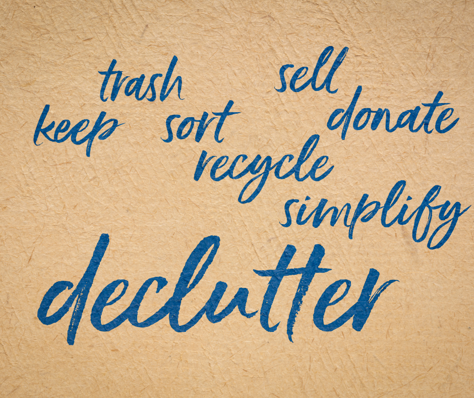 Blue decluttering words on brown background