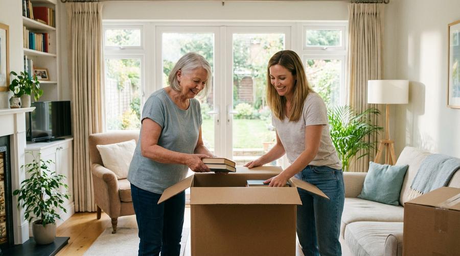 Mother and Daughter unpacking boxes of a move Mother and Daughter unpacking boxes after a move